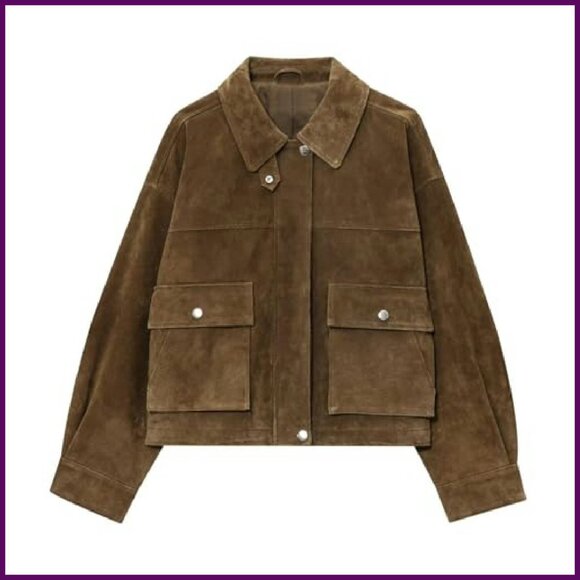 Faux Leather Cropped Bomber Jacket with Pockets Vintage Motorcycle Style - Picture 2 of 8